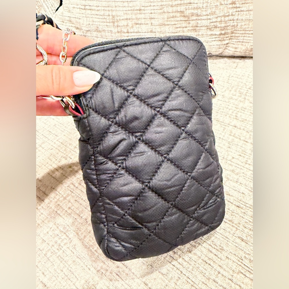 MZ WALLACE Black, Quilted Micro Crosby Crossbody Phone Bag with Silver Chain - Picture 9 of 16